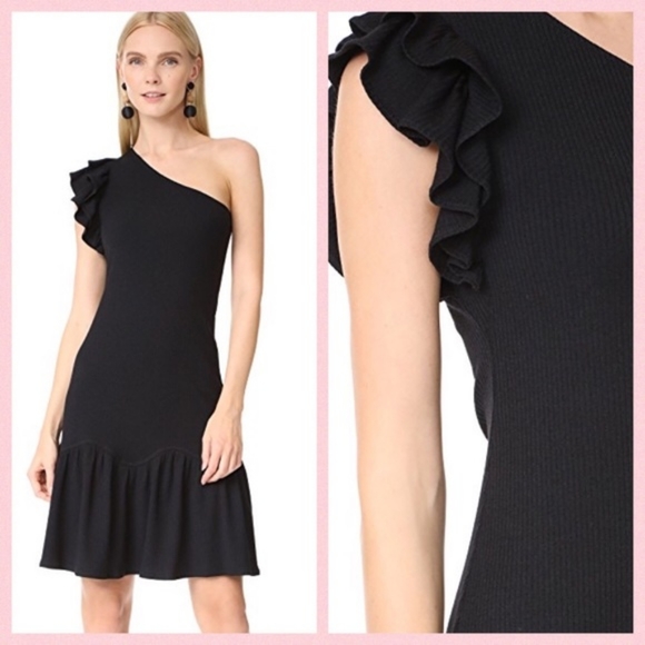 Rebecca Taylor Black One-Shoulder Ribbed Knee Lenght Flounce Dress - Picture 9 of 10